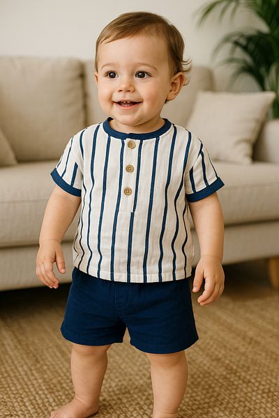 Balbadem baby kids Striped T-Shirt+Shorts Muslin Fabric Baby Boy Suit Navy Blue 9-24 Months