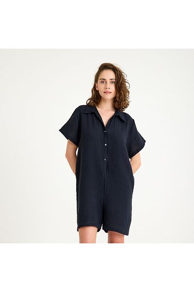 Miespiga 100% Cotton Woven Button Detailed Shirt Collar Muslin Shorts Jumpsuit