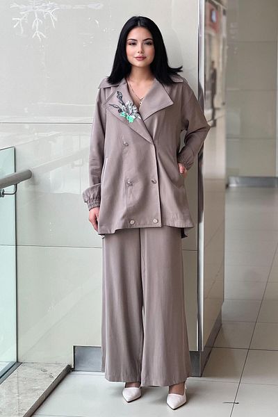 Nurcan Çetin Double Breasted Lapel Collar Embroidered Six Button Jacket Trousers Set