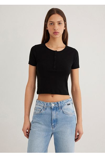 Mavi Buttoned Basic Crop Cut T-Shirt