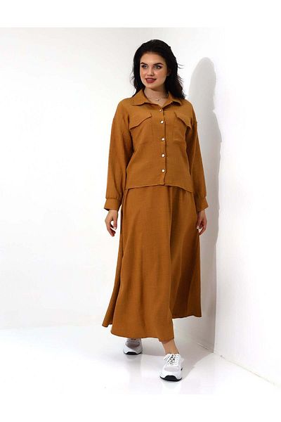 Stayele Elegant Mustard Button-Down Long Skirt Set