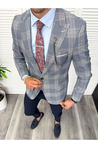 dehaine Sacou pentru barbati, slim fit, in carouri, 11879, albastru