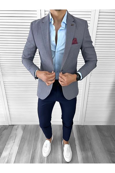 dehaine Sacou pentru barbati, slim fit, in carouri, 964, albastru