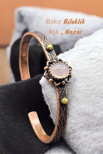 NBS Beautiful Naturel Stones Copper Bracelet (Pure) Adjustable Pink Quartz Stone Antique Unique Design (Evil Eye)