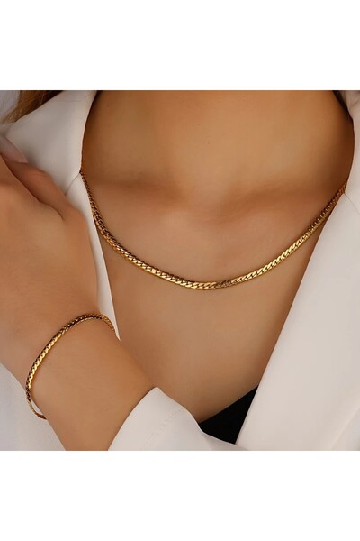 Tasarım Çelik Takı Seti Bileklik Kolye Yassı Örgü Model 4 Mm Genişlik 19-55 Cm Uzunluk Altın Sarısı Gold