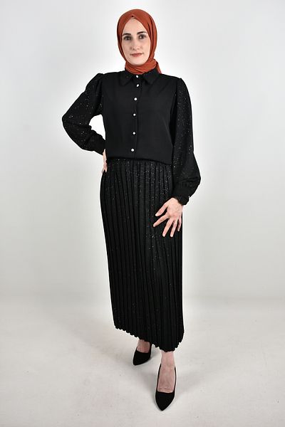 moda caddesi Glitter Detailed Skirt Shirt Set