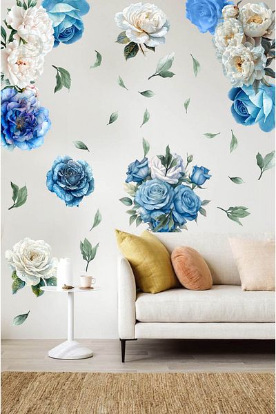 KT Decor Blue White Peony Flowers Premium Wall Sticker Set