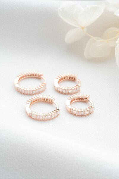 Silvano Jewelry 925 Ayar Gümüş Baget Taşlı 2'li Set Halka Küpe