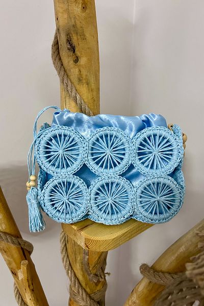 Mila Blue Satin Lined Straw Bag