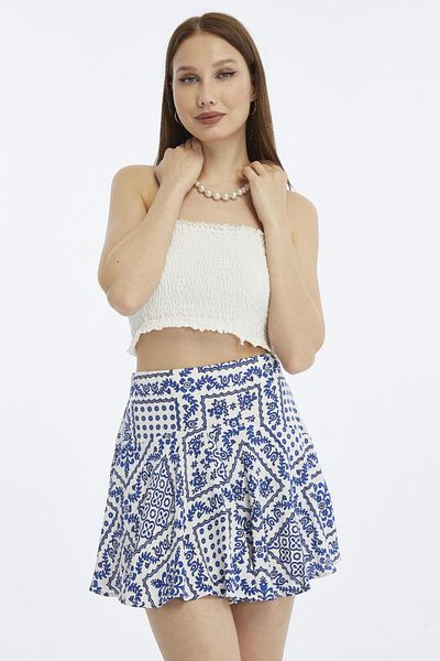 Pek Moda Fusta mini pantaloni scurți de vară, de damă, albastru, alb, din țesătură de viscoză