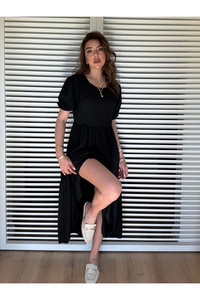 nedo7 Women's Short Sleeve Open Collar Folded Twist Balloon Dress