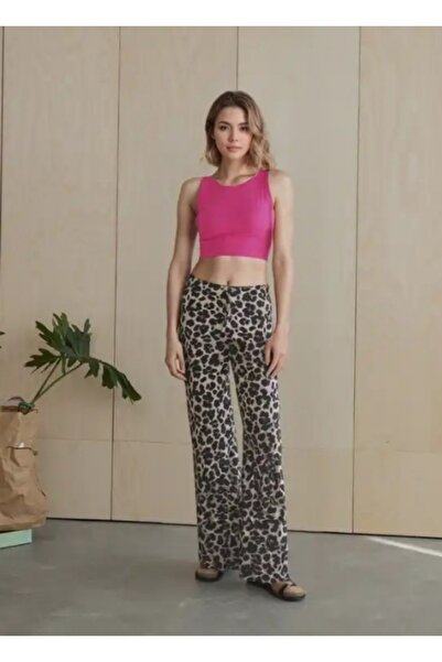 SSO Leopar Desenli Beli Lastikli Bol Paça Dekoratif Bağcık Detaylı Bürümcük Kumaş Pantolon