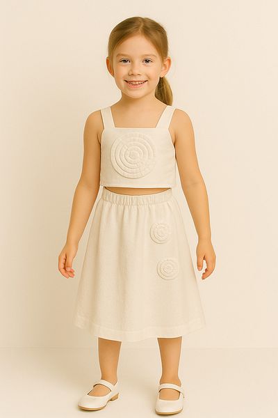 wakawakakidsstore Embossed Flower Detailed White Strap Crop Top and Skirt Girl's Set - Ecru
