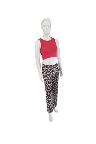 SSO Leopar Desenli Beli Lastikli Bol Paça Dekoratif Bağcık Detaylı Bürümcük Kumaş Pantolon