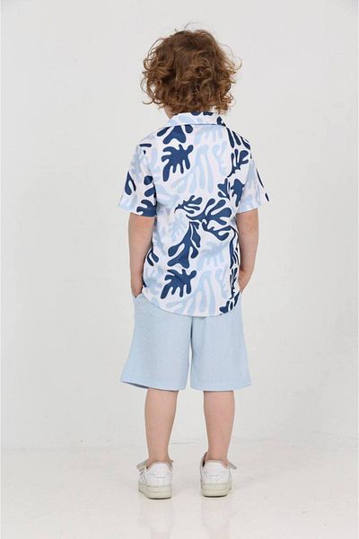 ARBİ kids Boy's Waffle Fabric Blue Shirt Shorts Suit Comfortable Fit Festive Ciks Suit