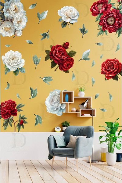 KT Decor Red White Peony Flowers Premium Wall Sticker Set