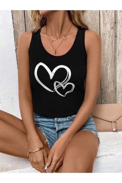 Silerra Women's Strappy Round Neck Heart Printed Viscose Blouse