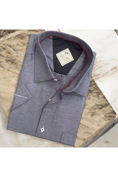 EREN STYLE Linen Lan Klasična muška košulja kratkih rukava antracit boje (sta...