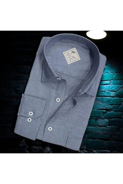 EREN STYLE قميص رجالي من الكتان الكلاسيكي النيلي بأكمام طويلة (قصة عادية)