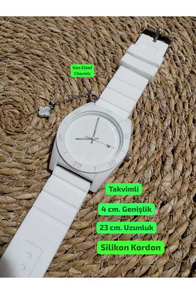 Brality Charm Van Cleef.. Takvimli Unisex Kol Saati ( Beyaz Silikon Kayış - B...