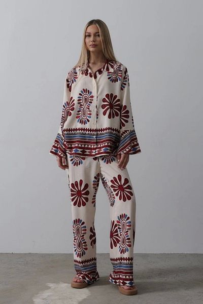 Silerra Patterned Flared Sleeve Trousers Set - Red