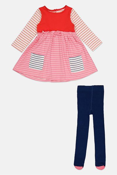 MOTHERCARE Toddlers Girl 2 Pieces Stripe Long Sleeve Dress With Tights, Multicolor