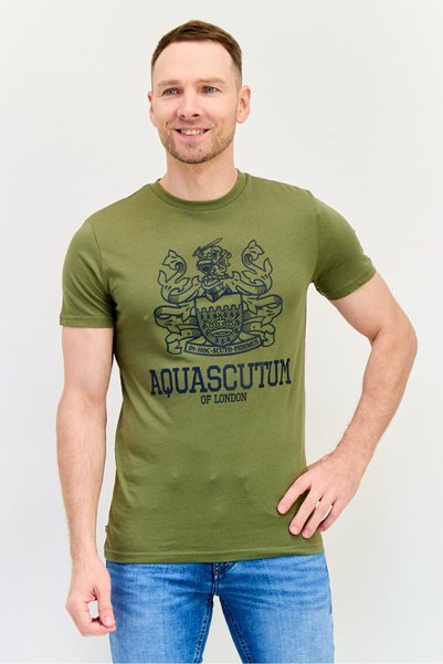 Aquascutum Men Crew Neck Short Sleeve Brand Logo T-Shirt, Olive