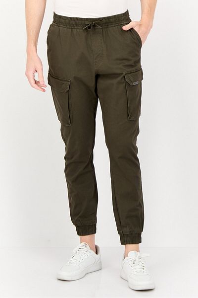 883 Police Men Slim Fit Plain Cargo Pants, Dark Khaki
