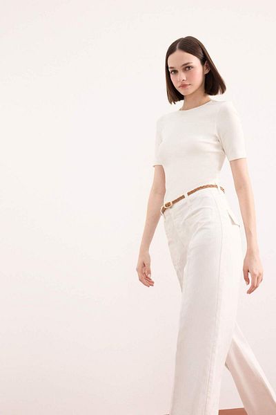 DeFacto Tricou alb cu mânecă scurtă, cu gâtul turnat, cu nervuri, F5194AX25SM