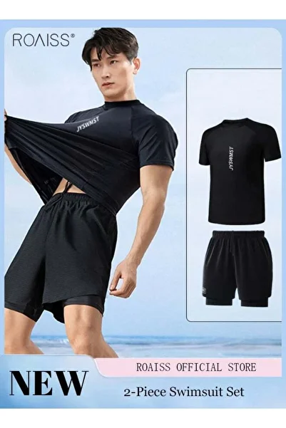 ROAISS 2-piece Men's Swimsuit Set Fashion Loose Fitting Quick Drying Sun Protection Swimsuit Set With Doubl