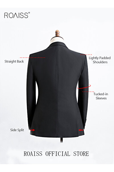 ROAISS 4pcs Suit Of Formal Clothes Men's Business Casual Coat Groomsman Suit Professional Dress Lapel Colla