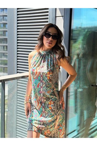 nedo7 Women's Sleeveless Halter Neck Strap Patterned Midi Single Jersey Dress
