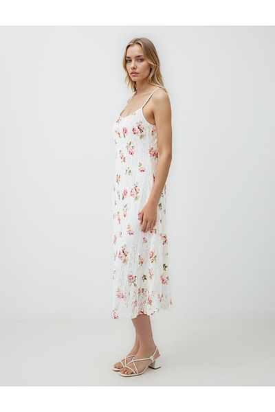 Jimmy Key Ecru Strappy V-Neck Floral Patterned Knitted Midi Dress