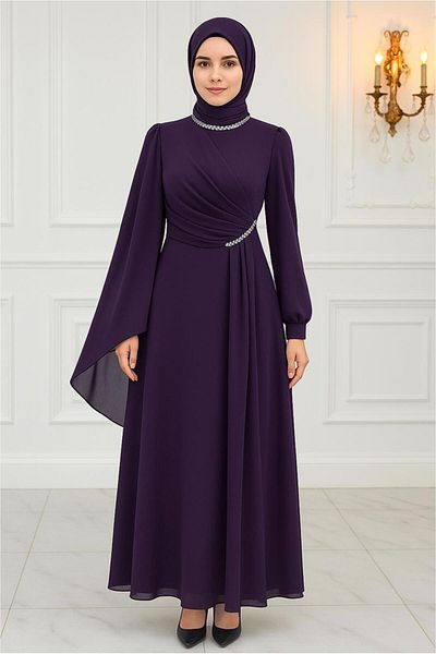 TRENDTESETTÜR Women's Plum Chiffon Evening Dress t 9163