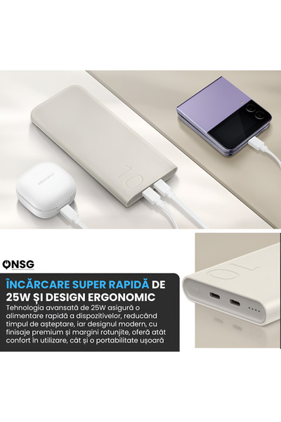 Samsung Baterie externă 10000 mAh, încărcare rapidă 25 W, USB-C și USB-A, bej