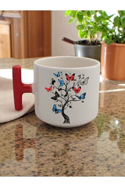 lili hediyelik Butterfly Tree Printed 3-Piece Red Mug with Handle