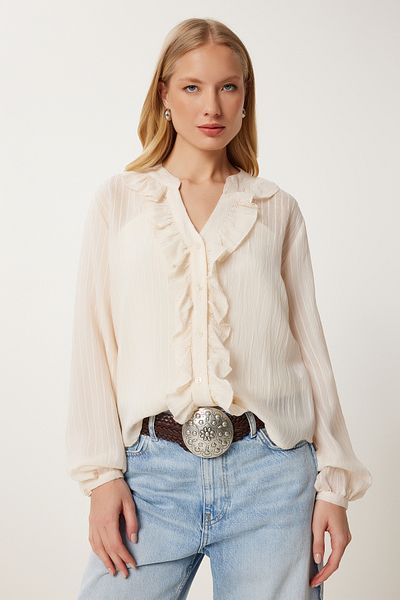 Lovelyİstanbul Lightweight Transparent Shirt with Flounce Tank Top Cream Lrg0023