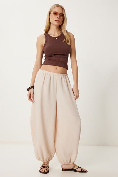 Lovelyİstanbul Summer Comfortable Woven Baggy Trousers Cream Lub0115