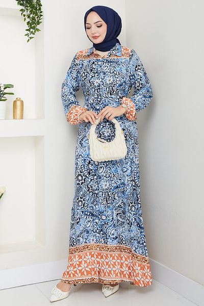 InStyle Rochie din viscoză albastră cu model autentic colorat