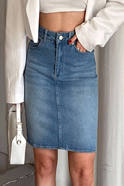 Genel Markalar Likralı Esnek Yapılı Düz Kesim Yüksek Bel Diz Üstü Boy Günlük Şık ve Cool Pamuklu Denim Kot Etek