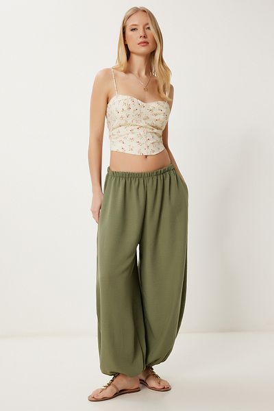 Lovelyİstanbul Summer Comfortable Woven Baggy Trousers Khaki Lub0115