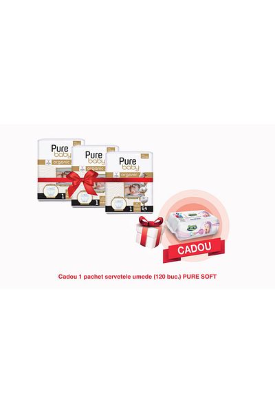 Pure Baby Set Of 3 Diapers No. 1, 192 Pcs, With 1 Wet Wipes, 120 Pcs