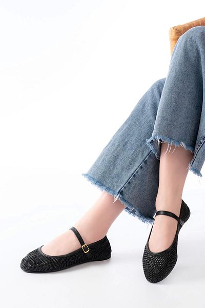 TB Terzi Bey 7432 Black Mesh Buckle Detailed Daily Women's Ballerinas