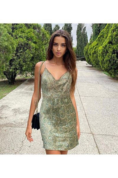 FASHION COCKTAIL Αυθεντικό μοτίβο σάλι Degaje με λουράκι γιακά Μίνι σατέν βραδινό φόρεμα κοκτέιλ πράσινο
