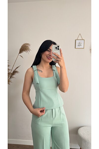 DUSOHOME Mint Paalazzo Trousers Bow Blouse 2 Piece Set