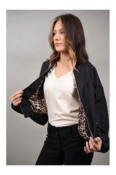 LUMİNA GEACA BOMBER NEGRU CU INTERIOR ANIMAL PRINT FRINCO TALIE UNICA Negru