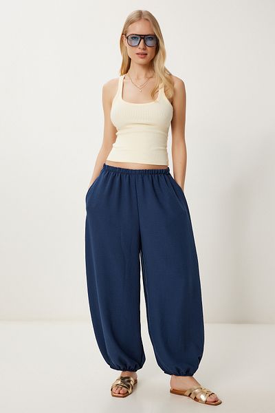 Lovelyİstanbul Summer Comfortable Woven Baggy Trousers Dark Blue Lub0115