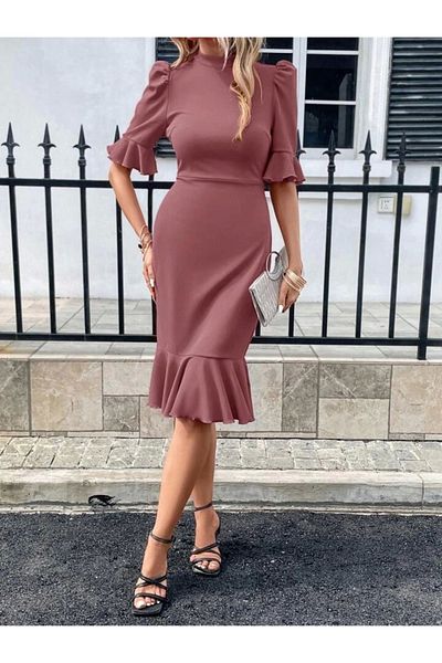 Silerra Rochie de damă cu mânecă scurtă, semi-gât de pește, cu volane, rochie midi din crepon importat