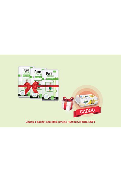 Pure Baby Set 3x Scutece Umede Din Bambus Organic Nr. 5, 120 Buc. 1x Șervețele Umede, 120