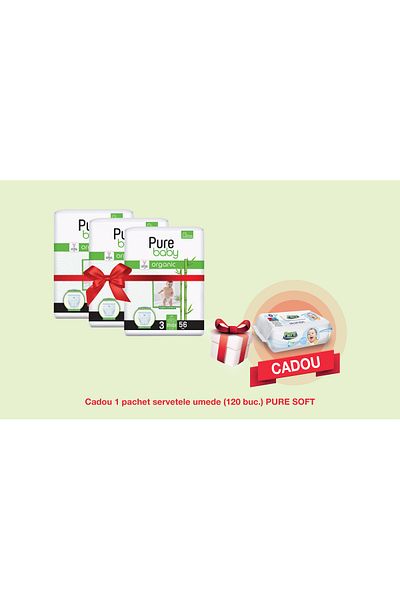 Pure Baby Set 3 Scutece Umede Din Bambus Organic Nr. 3, 168 Buc., 120 Șervețele Umede